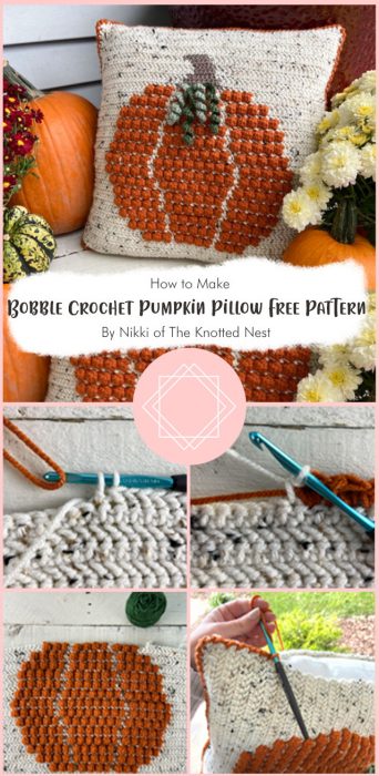Bobble Crochet Pumpkin Pillow Free Pattern By Nikki of The Knotted Nest