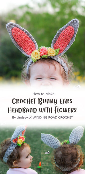 Crochet Bunny Ears Headband with Flowers By Lindsey of WINDING ROAD CROCHET