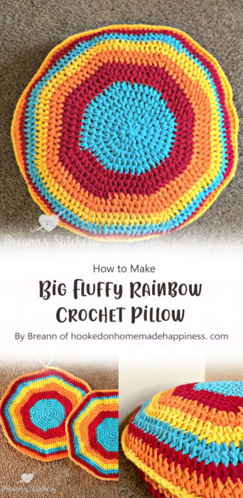 Big Fluffy Rainbow Crochet Pillow By Breann of hookedonhomemadehappiness. com