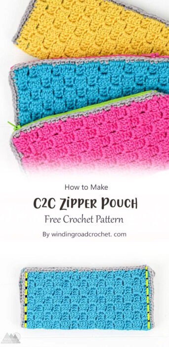 C2C Zipper Pouch Free Crochet Pattern By windingroadcrochet. com