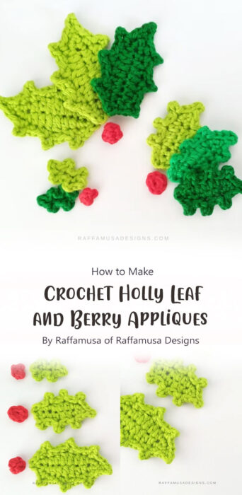 Crochet Holly Leaf and Berry Appliques - in 3 Sizes By Raffamusa of Raffamusa Designs